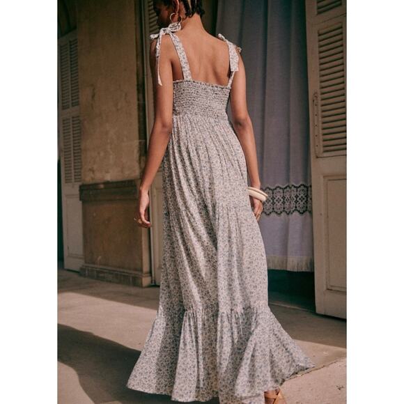 NEW Sezane Phily Maxi Sun Dress Blue Flowers Shoulder Ties Size 36 / 4 - Picture 4 of 11